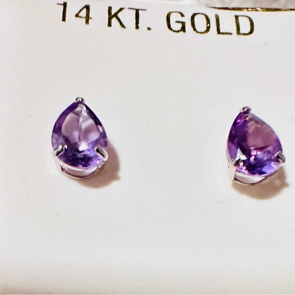 14k solid white gold & 1.94 carats Pear Shaped genuine amethyst earrings - Picture 2 of 12